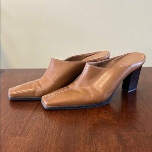 Franco Sarto Tan Leather Mules with Block Heel